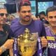 Gautam Gambhir with Sunil Narine, Shah Rukh Khan and the IPL 2024 trophy.